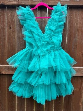 Ruffled Teal Tulle Prom Dress - Elegant Tiered Evening Gown